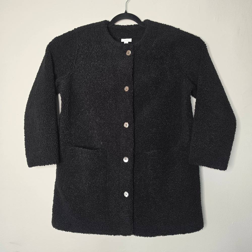 Pure Jill Coat Women M Petite Black Sherpa Fleece Button Front Teddy Jacket Cozy